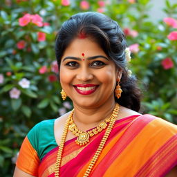 A portrait of a confident Tamil woman in traditional attire, featuring intricate gold jewelry and a vibrant saree