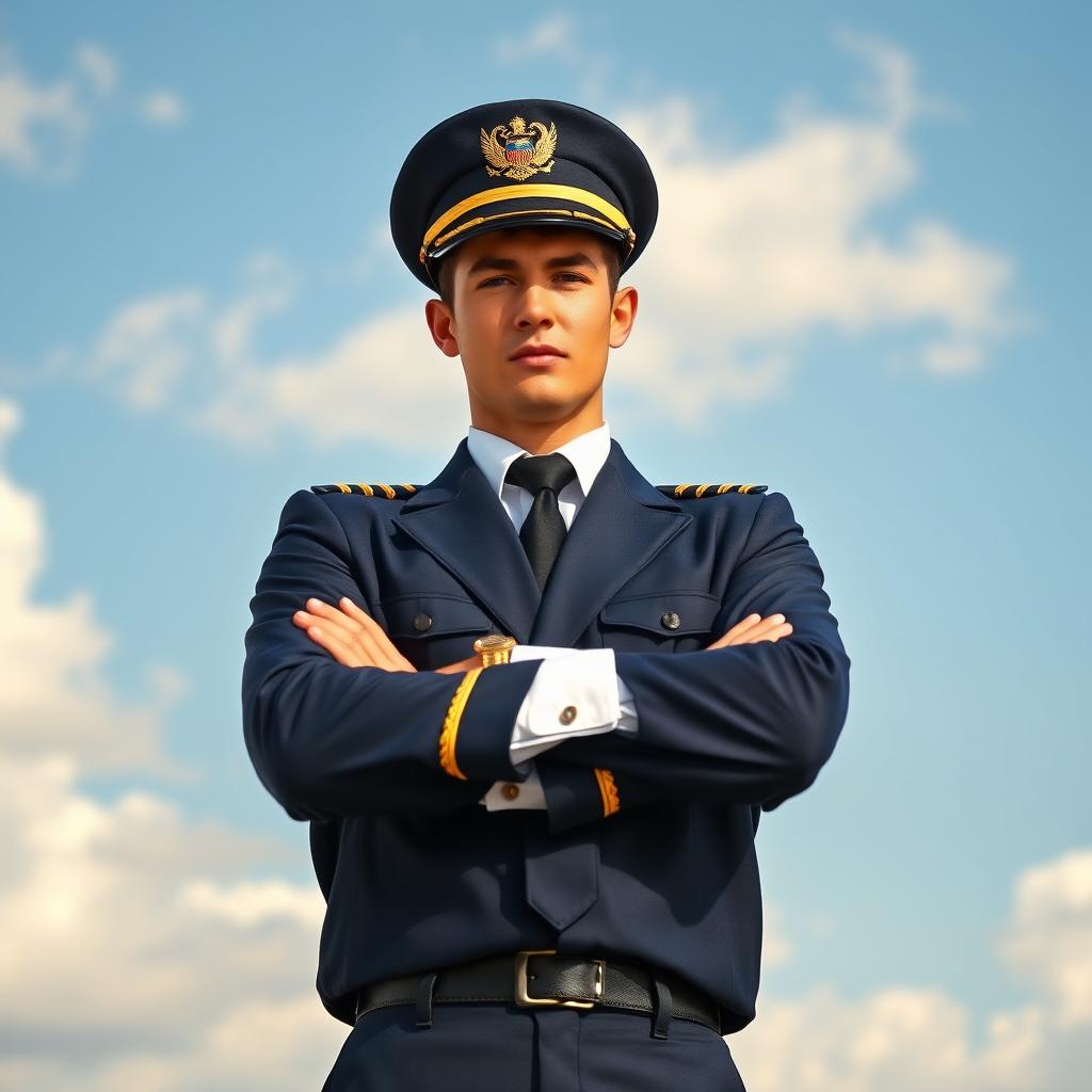 A handsome young man dressed as a pilot, wearing a classic navy blue pilot uniform complete with gold epaulettes on the shoulders and a stylish captain's hat
