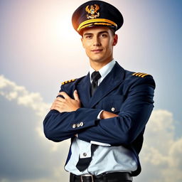 A handsome young man dressed as a pilot, wearing a classic navy blue pilot uniform complete with gold epaulettes on the shoulders and a stylish captain's hat