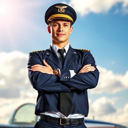A handsome young man dressed as a pilot, wearing a classic navy blue pilot uniform complete with gold epaulettes on the shoulders and a stylish captain's hat