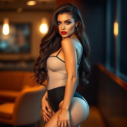 A stunning, sexy woman standing confidently with a captivating pose, wearing a fashionable, form-fitting outfit that accentuates her curves