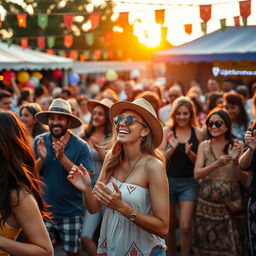 A lively scene of a group of diverse people joyfully dancing the Macarena at a vibrant outdoor festival