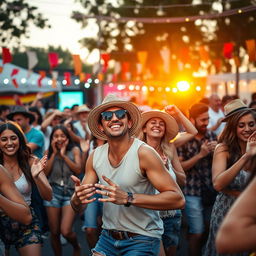 A lively scene of a group of diverse people joyfully dancing the Macarena at a vibrant outdoor festival