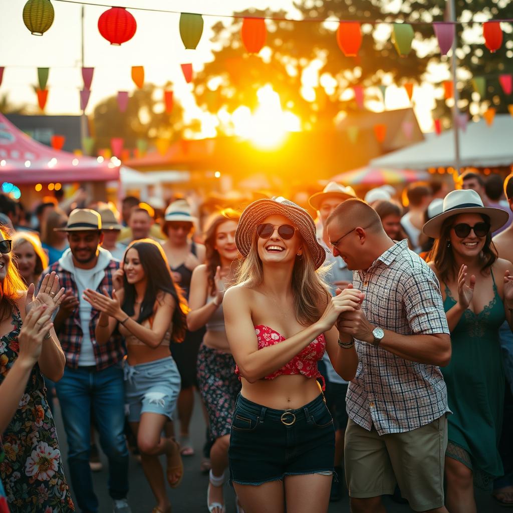 A lively scene of a group of diverse people joyfully dancing the Macarena at a vibrant outdoor festival