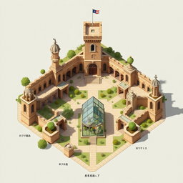 A detailed architectural plan of an academy featuring three tall rooks (chess pieces) standing prominently, a castle tower, all interconnected by walls