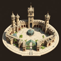 A detailed architectural plan of an academy featuring three tall rooks (chess pieces) standing prominently, a castle tower, all interconnected by walls