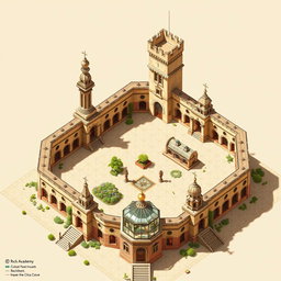 A detailed architectural plan of an academy featuring three tall rooks (chess pieces) standing prominently, a castle tower, all interconnected by walls