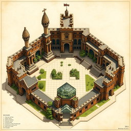 A detailed architectural plan of an academy featuring three tall rooks (chess pieces) standing prominently, a castle tower, all interconnected by walls