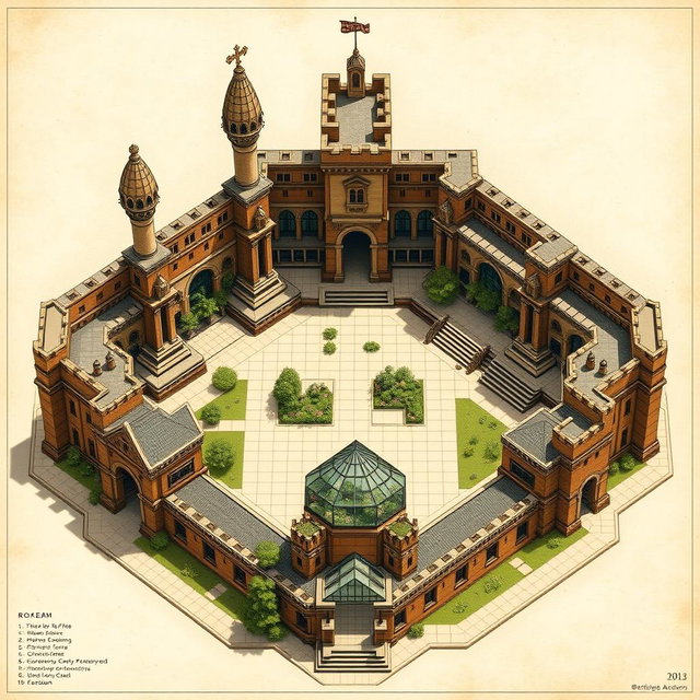 A detailed architectural plan of an academy featuring three tall rooks (chess pieces) standing prominently, a castle tower, all interconnected by walls
