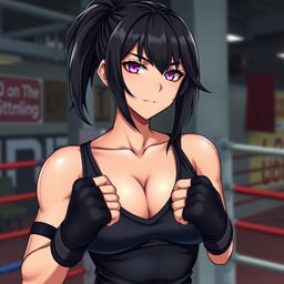A tall female character inspired by Japanese light novels, featuring glossy black hair styled in a ponytail and captivating glimmering pink eyes