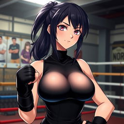 A tall female character inspired by Japanese light novels, featuring glossy black hair styled in a ponytail and captivating glimmering pink eyes
