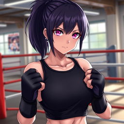 A tall female character inspired by Japanese light novels, featuring glossy black hair styled in a ponytail and captivating glimmering pink eyes
