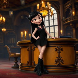 Mavis from Hotel Transylvania, a young vampire girl with long black hair, wearing a stylish black dress and combat boots, standing in the lavish interior of a whimsical hotel