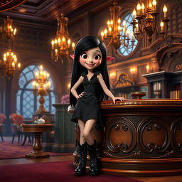 Mavis from Hotel Transylvania, a young vampire girl with long black hair, wearing a stylish black dress and combat boots, standing in the lavish interior of a whimsical hotel