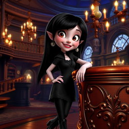 Mavis from Hotel Transylvania, a young vampire girl with long black hair, wearing a stylish black dress and combat boots, standing in the lavish interior of a whimsical hotel