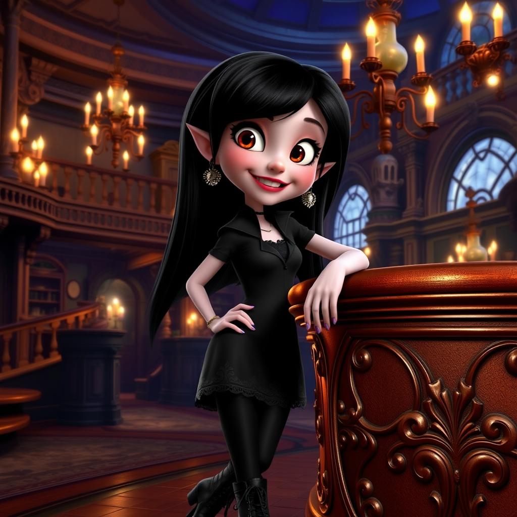 Mavis from Hotel Transylvania, a young vampire girl with long black hair, wearing a stylish black dress and combat boots, standing in the lavish interior of a whimsical hotel