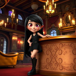 Mavis from Hotel Transylvania, a young vampire girl with long black hair, wearing a stylish black dress and combat boots, standing in the lavish interior of a whimsical hotel