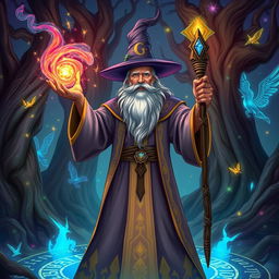 A powerful wizard casting a spell, standing in a mystical forest with ancient trees and glowing magical runes around him