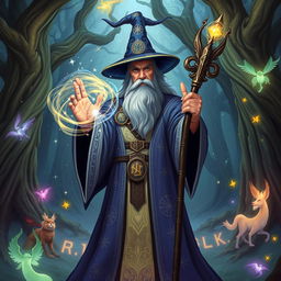 A powerful wizard casting a spell, standing in a mystical forest with ancient trees and glowing magical runes around him