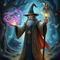A powerful wizard casting a spell, standing in a mystical forest with ancient trees and glowing magical runes around him