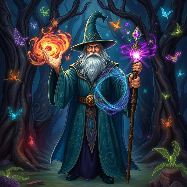 A powerful wizard casting a spell, standing in a mystical forest with ancient trees and glowing magical runes around him