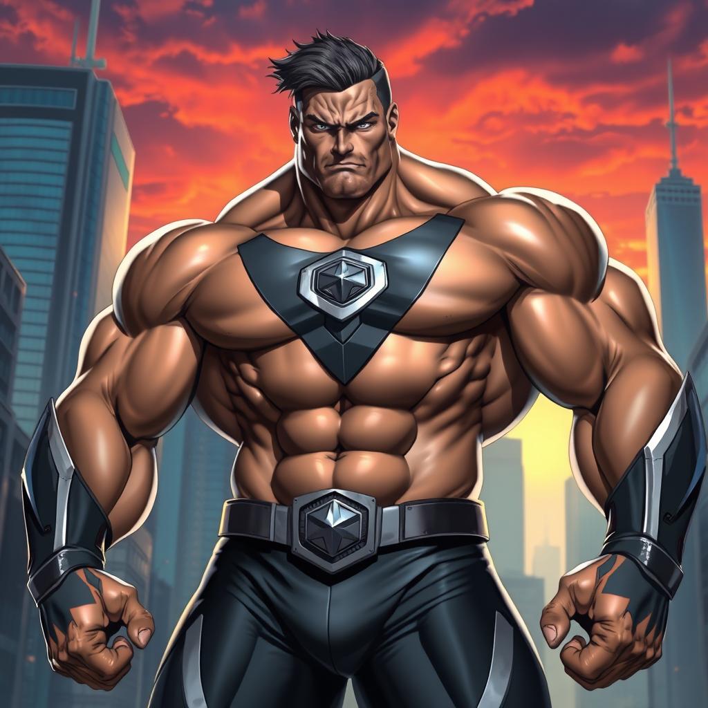 A highly muscular superhero character, boasting an exaggerated physique with bulging muscles, defined abs, and impressive biceps, showcasing strength and power