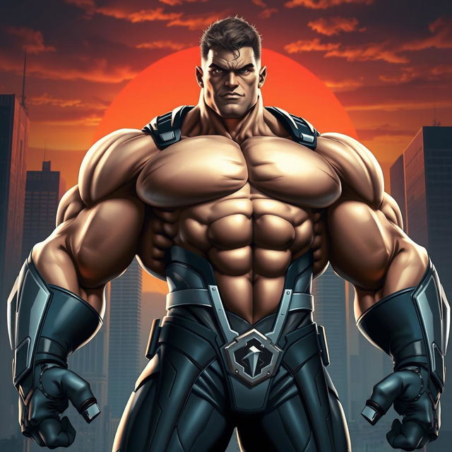 A highly muscular superhero character, boasting an exaggerated physique with bulging muscles, defined abs, and impressive biceps, showcasing strength and power