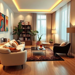 A beautifully decorated modern room, featuring a cozy living area with a stylish sofa, a sleek coffee table, and an elegant rug