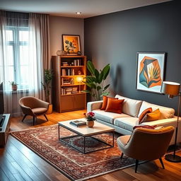 A beautifully decorated modern room, featuring a cozy living area with a stylish sofa, a sleek coffee table, and an elegant rug
