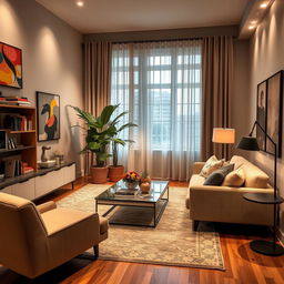 A beautifully decorated modern room, featuring a cozy living area with a stylish sofa, a sleek coffee table, and an elegant rug