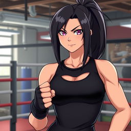 A tall, confident female character with glossy black hair styled in a ponytail and glimmering pink eyes, standing in a boxing gym