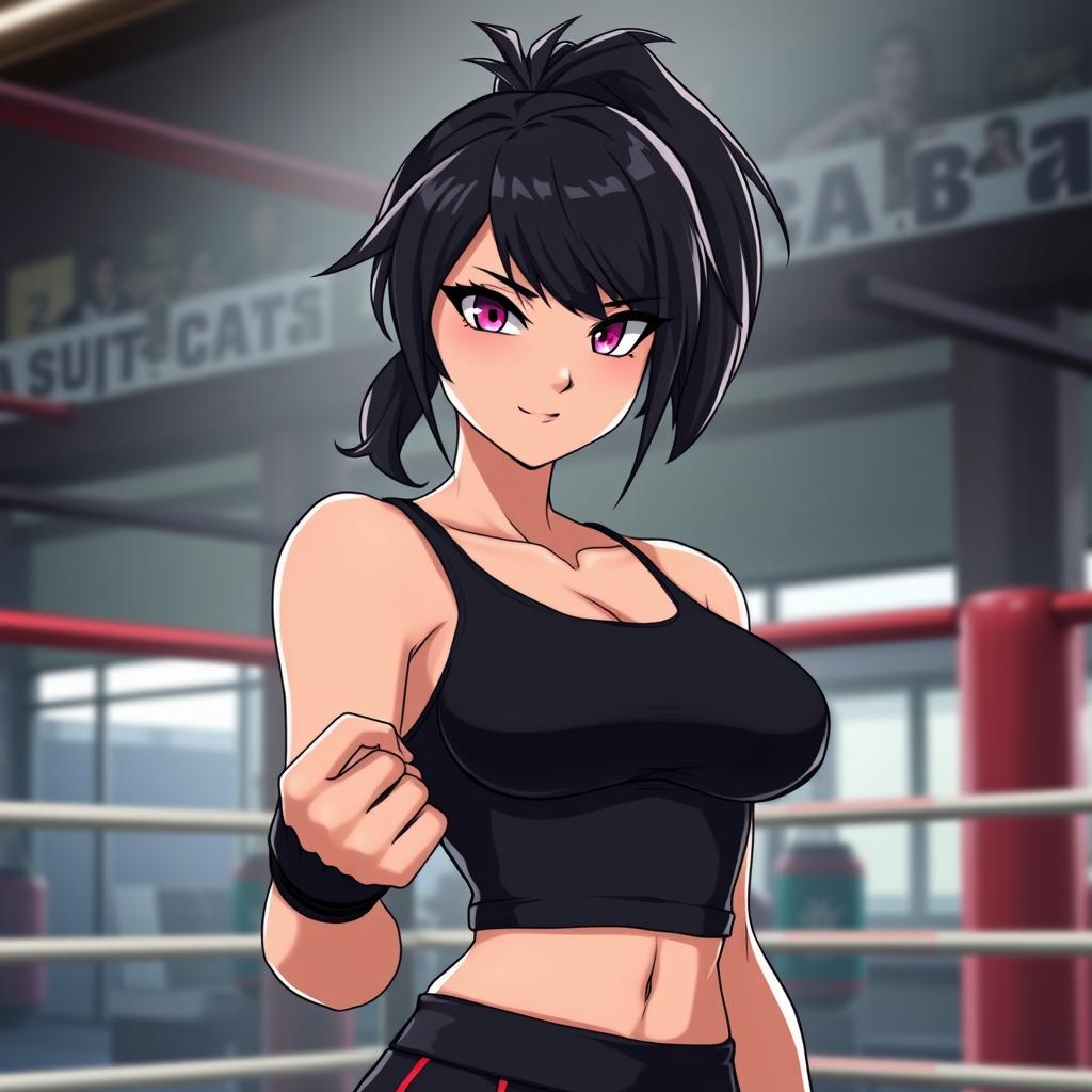 A tall, confident female character with glossy black hair styled in a ponytail and glimmering pink eyes, standing in a boxing gym