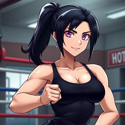 A tall, confident female character with glossy black hair styled in a ponytail and glimmering pink eyes, standing in a boxing gym