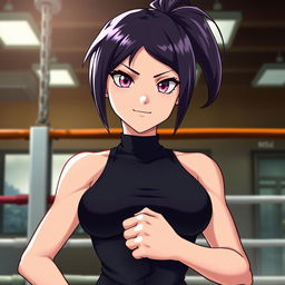 A tall, confident female character with glossy black hair styled in a ponytail and glimmering pink eyes, standing in a boxing gym