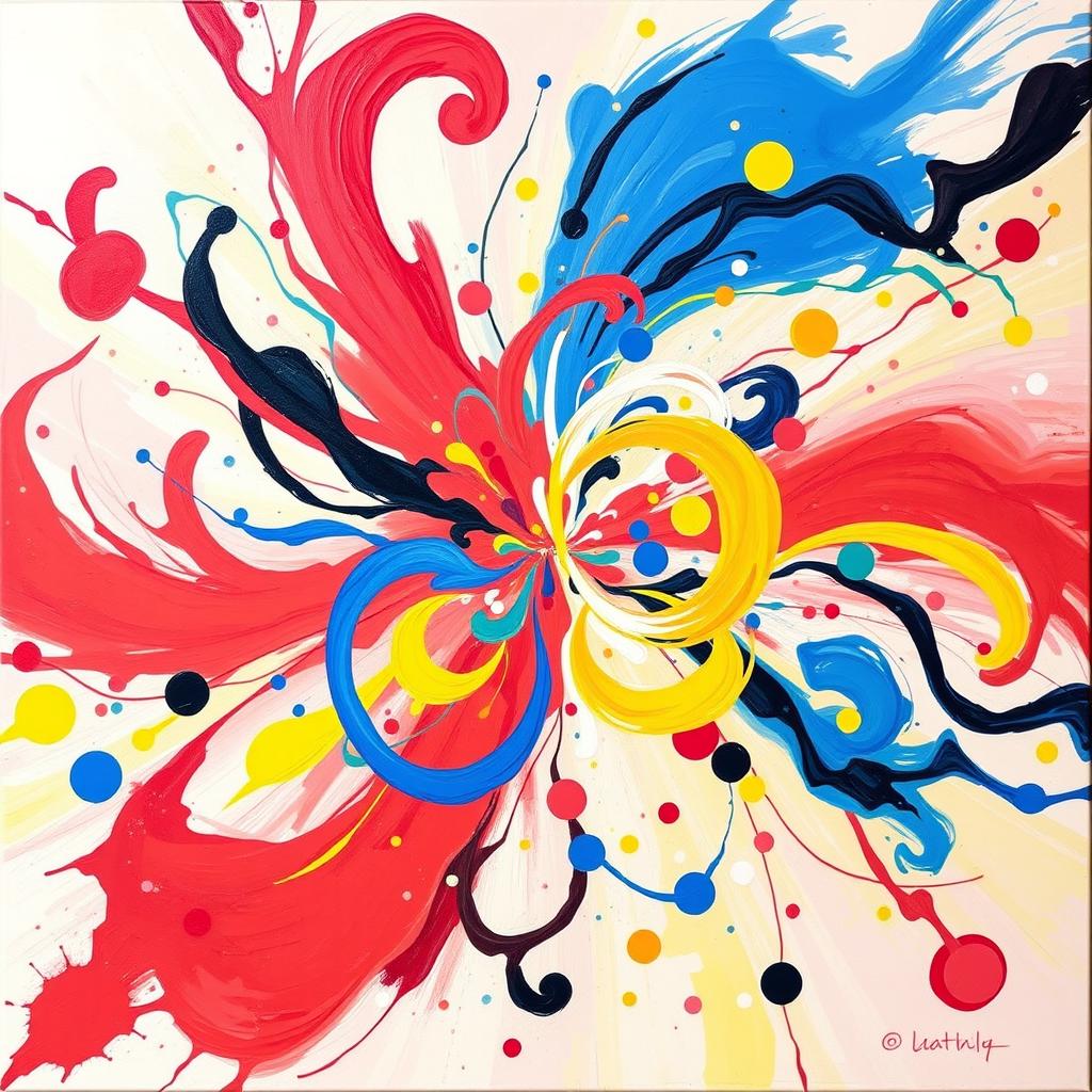 A vibrant and colorful abstract painting that features swirling patterns and dynamic shapes, depicting an explosion of creativity