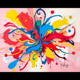 A vibrant and colorful abstract painting that features swirling patterns and dynamic shapes, depicting an explosion of creativity
