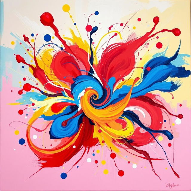 A vibrant and colorful abstract painting that features swirling patterns and dynamic shapes, depicting an explosion of creativity