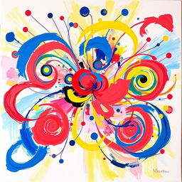 A vibrant and colorful abstract painting that features swirling patterns and dynamic shapes, depicting an explosion of creativity