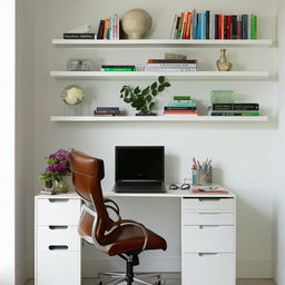 A compact, well-organized home office with modern furniture and decent lighting. Include elements like a desk, comfortable chair, laptop, bookshelves, and some indoor plants.