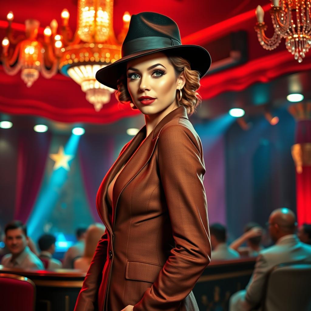 A stylish woman in a fitted suit wearing a chic hat, exuding confidence and elegance