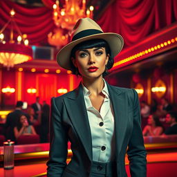A stylish woman in a fitted suit wearing a chic hat, exuding confidence and elegance