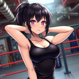 A tall female character from a Japanese light novel with glossy black hair styled in a ponytail and captivating glimmering pink eyes