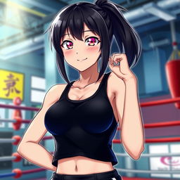 A tall female character from a Japanese light novel with glossy black hair styled in a ponytail and captivating glimmering pink eyes