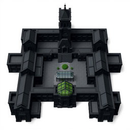 A detailed architectural plan of an academy, featuring three tall bishop-shaped structures, a tower, all connected by solid walls, leaving no open spaces