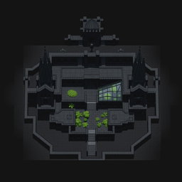 A detailed architectural plan of an academy, featuring three tall bishop-shaped structures, a tower, all connected by solid walls, leaving no open spaces