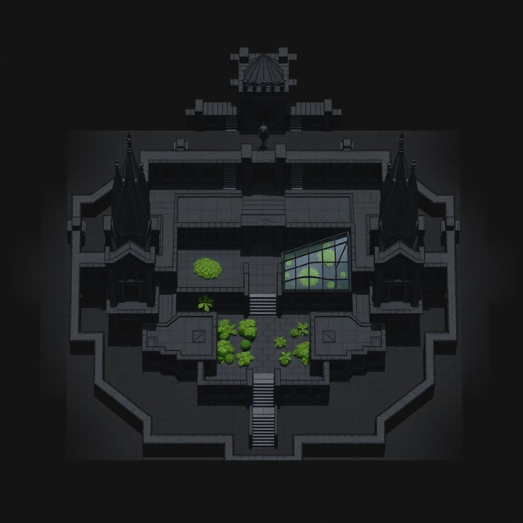 A detailed architectural plan of an academy, featuring three tall bishop-shaped structures, a tower, all connected by solid walls, leaving no open spaces