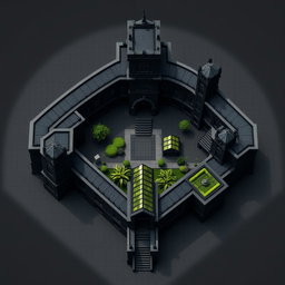 A detailed architectural plan of an academy, featuring three tall bishop-shaped structures, a tower, all connected by solid walls, leaving no open spaces