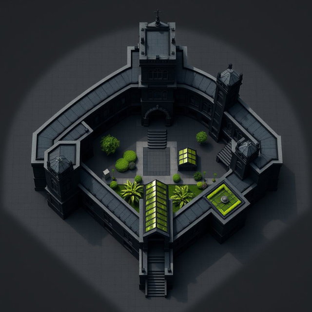 A detailed architectural plan of an academy, featuring three tall bishop-shaped structures, a tower, all connected by solid walls, leaving no open spaces