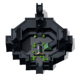 A detailed architectural plan of an academy, featuring three tall bishop-shaped structures, a tower, all connected by solid walls, leaving no open spaces