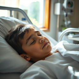 A heartfelt scene capturing a young Iranian boy in a hospital room, peacefully lying in a hospital bed while surrounded by soft, natural light streaming through the window